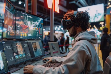 Fototapeta premium Man Engaged in VR Gaming at Night in Urban Setting