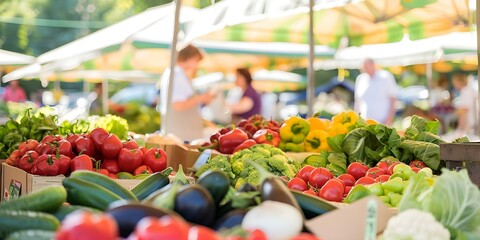 Busy farmers market with colorful stalls and fresh produce. Concept Farmers Market, Colorful Stalls, Fresh Produce, Busy Atmosphere