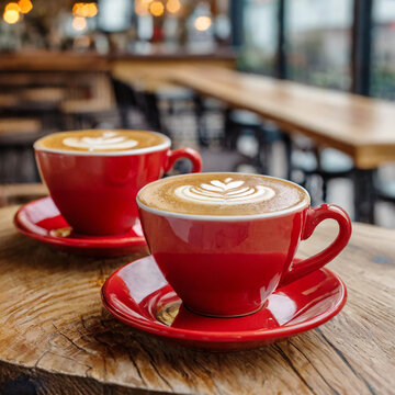 Dos tazas de caf&eacute; caliente en tazas rojas sobre una mesa de madera, con un restaurante de fondo por la tarde.