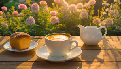 Fototapeta premium Tazas de Cafe y pan iluminada por el sol de la tarde, acompañada en medio de un jardín floreciente