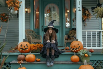 Obraz premium Cute Witch Poses on Porch for Halloween