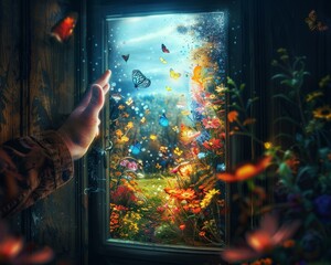 Hand opens empty room door to nature and blue sky,butterfly ,mountains in summer background,Close up hand open door.selective focus.