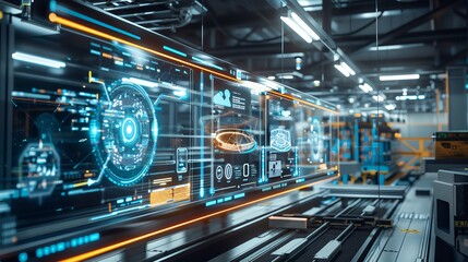Futuristic control panel with holographic displays in an industrial setting, showcasing advanced technology and automation.