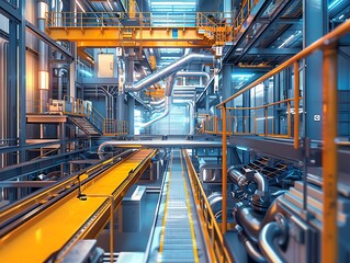 Modern industrial facility with advanced machinery and vibrant lighting, showcasing a complex network of equipment and structures.