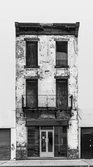 The abandoned buildings and closed storefronts add to the emptiness of the urban streets. Black and white art