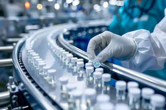 新薬を開発した製薬ラボ、医薬品製造施設の工場のライン