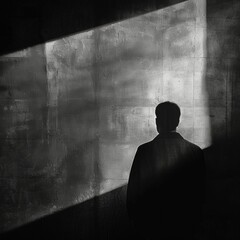 An unidentifiable subject shrouded in darkness casting a long shadow on the wall behind them. Black and white art