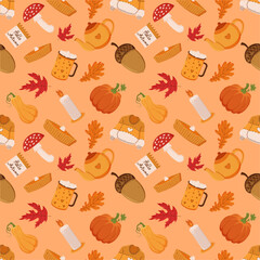 Autumn cozy elements seamless pattern with acorn, leaves, pumpkin, candle, mushroom, cocoa, pie, sweater, teapot, calendar 