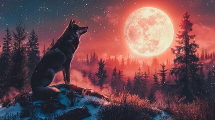 Solitary Wolf Howling at the Moon in Snowy Forest - Illustration of Solitude and Strength in Winter Landscape