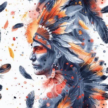 Native American, seamless pattern, small scale pattern, hand drawn flat art, watercolor, clean illustration, white background 
