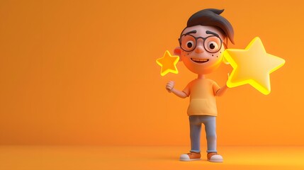 A 3D character designed to embody customer satisfaction, depicted with a joyful expression and holding a large, glowing 5-star rating symbol in one hand.