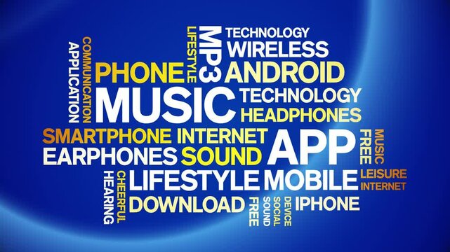 Music App animated word cloud;text design animation tag kinetic typography seamless loop.