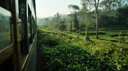 Fototapeta premium Hills covered in rich tea plantations pass by as the train carves its way through.