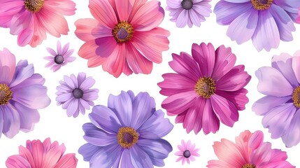 A colorful floral pattern featuring pink and purple flowers on a white background, perfect for decorative and design purposes.