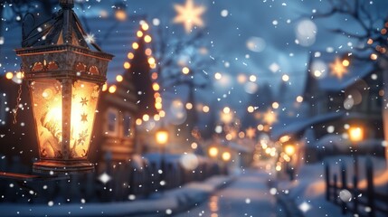 Obraz premium A lantern is lit up in the snow, creating a warm and cozy atmosphere. Generate AI image