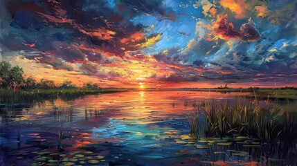 Stunning sunset over a calm lake with dramatic clouds and vibrant reflections, capturing the beauty of nature in vivid colors.