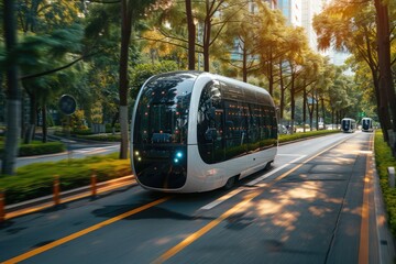 Obraz premium Photo of Autonomous driver less public vehicles,white driver less minibuses run on city streets to pick up passengers, autopilot,Generative AI