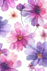 Beautiful watercolor floral pattern featuring pink and purple flowers, perfect for backgrounds, textiles, and design projects.