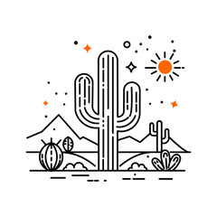 Obraz premium Monoline cactus in the desert with a simple vector