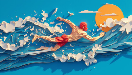 homme nageant dans des vagues sculptées en papier sous un soleil éclatant et des oiseaux autour  papier déchiré, paper art et quilling sur fond bleu Natation, sport des jeux olympiques Paris 2024