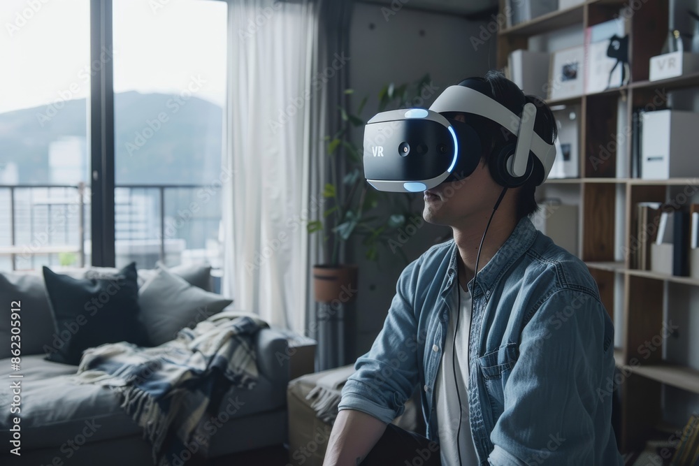 Sticker man sitting on a couch in a modern living room, wearing a vr headset and exploring virtual worlds fr