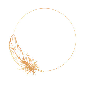 Golden luxury round frame with bird feather isolated on white background with copy space for text. Design element for invitations, cards, label. vector illustration
