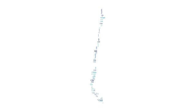 Chile shape word cloud animation. Country boundary filled with country names animated. Chile presentation video.