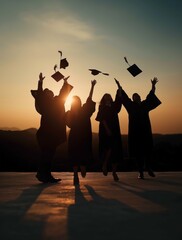 Graduates Celebrating with Cap Toss in Sunset Silhouette, Achievement, Joy, and Future Success 
