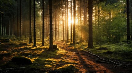 Fototapeta premium Golden hour sunlight streaming through forest