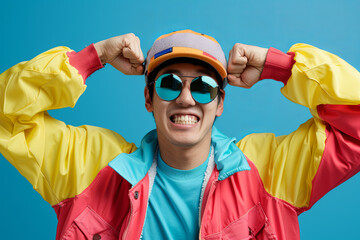 Funny retro sports nerd flexing his muscle