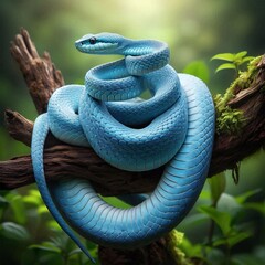 a beautiful blue snake coiled around a tree branch