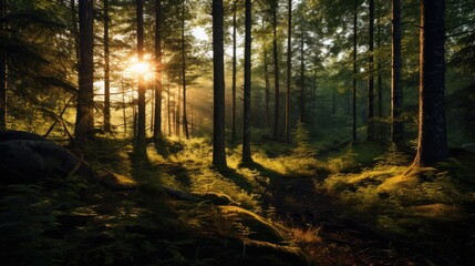 Obraz premium Golden hour sunlight streaming through forest