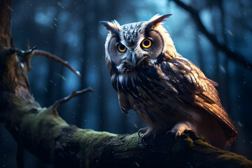 Owl perched on tree branch with view of moonlit forest. Owl perched on tree branch with view of moonlit forest