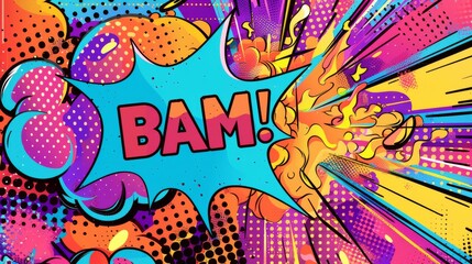 Colorful comic book style explosion with text 'BAM!'
