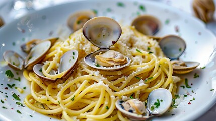 A plate of pasta with clams and parsley.