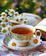 Fototapeta premium A cup of tea and daisies on a table.