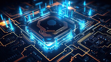 Glowing digital circuit board with cyber effects