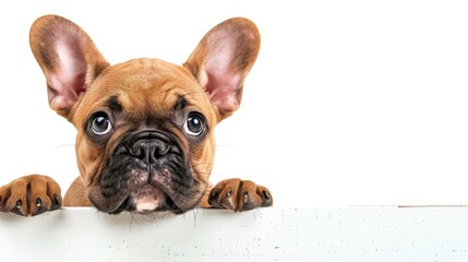 Adorable French bulldog puppy in red humorous animals with white background for text placement