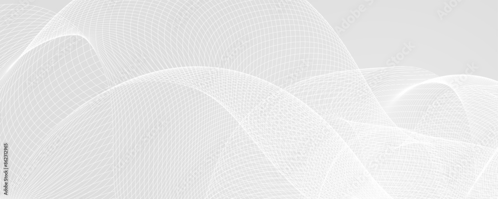 Poster Abstract grey wavy background. Silver flowing wave line pattern. Technology curved undulated stripe wallpaper. Tech background concept for poster, banner, cover, flyer. Vector illustration