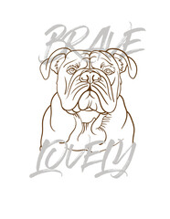 handrawn bulldog, dog illustration logo vector with text brave and lovely, grunge
