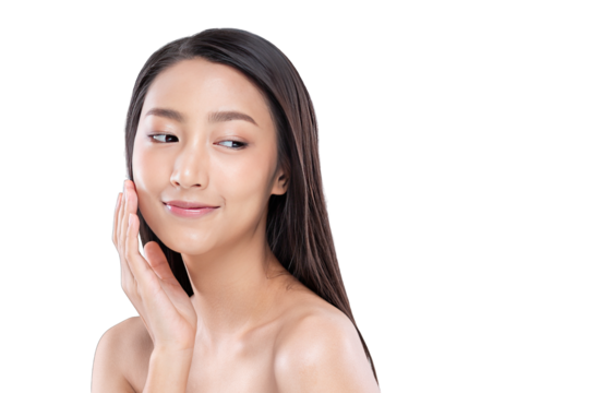 Young Asian Woman with Flawless Skin Touching Face