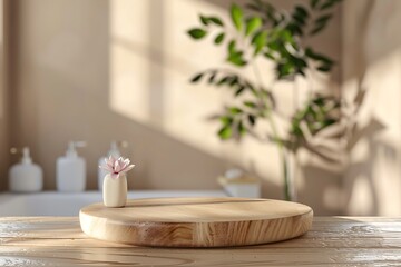 Bathroom display with a wooden podium. Spa products highlighted in a defocused setting.