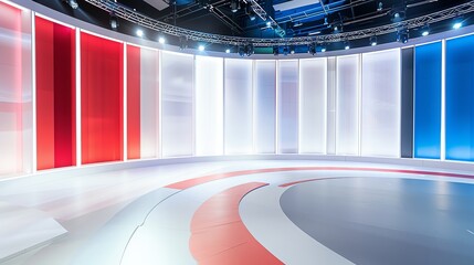 background studio television modern green screen, a photo of a bright television studio, colour palette of , red and white, curved, low angle, background for green screen, modern, 16:9, blue