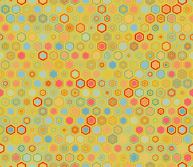 Honeycomb hexagons background. Geometric elements of varied style and color. Honeycomb geometric shapes. Tileable pattern. Seamless background. Neat vector illustration.