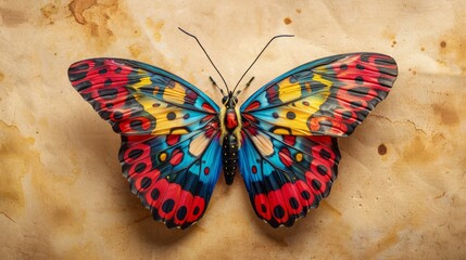 Colorful butterfly with vivid patterns on beige background