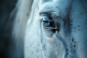 Fototapeta premium Surreal white horse face, professional camera lens