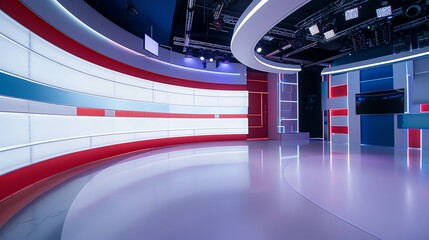 background studio television modern green screen, a photo of a bright television studio, colour palette of , red and white, curved, low angle, background for green screen, modern, 16:9, red and white
