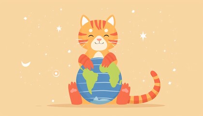 Fototapeta premium Cat with globe flat design top view theme unity cartoon drawing colored pastel
