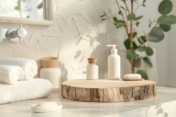 Wooden podium for spa products in a soft-focus bathroom. Ideal for product display image.