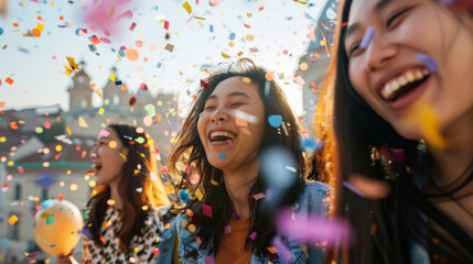 Obraz premium Young asian women friends doing a party outdoor on a rooftop with city view in background